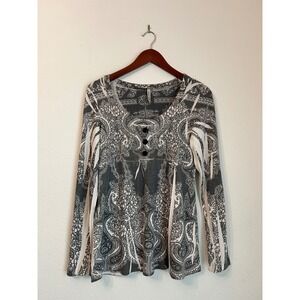 Cubism Top‎ Long Sleeve Gray White Paisley Button Up Shirt Size Small Boho